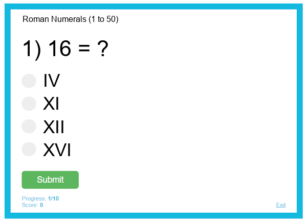 Roman Numerals (1 to 50)